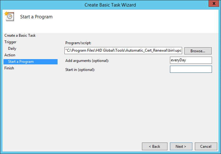 Create Basic Task Wizard screen with Start a Program highlighted under the Action step on the left, with a field displaying the selected Program/script, an optional "everyDay" argument added and the optional Start in field left blank, as well as a Back button, a Next button, and a Cancel button at the bottom right of the screen and a Close button in the top right corner